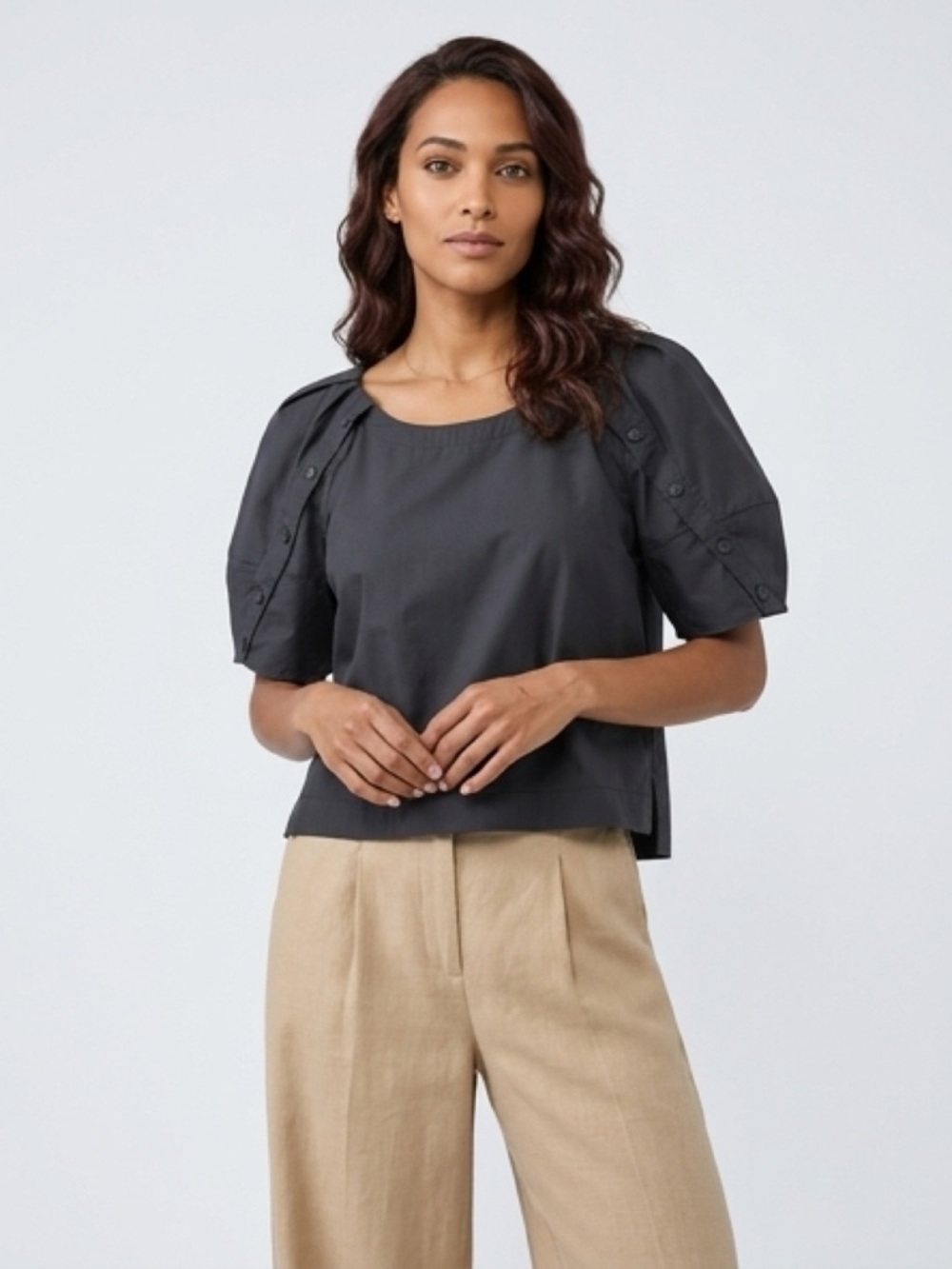 LOFT Dark Gray Cotton Blouse M Button Detail Puff Sleeve Popover Top 42” Bust - Picture 3 of 8